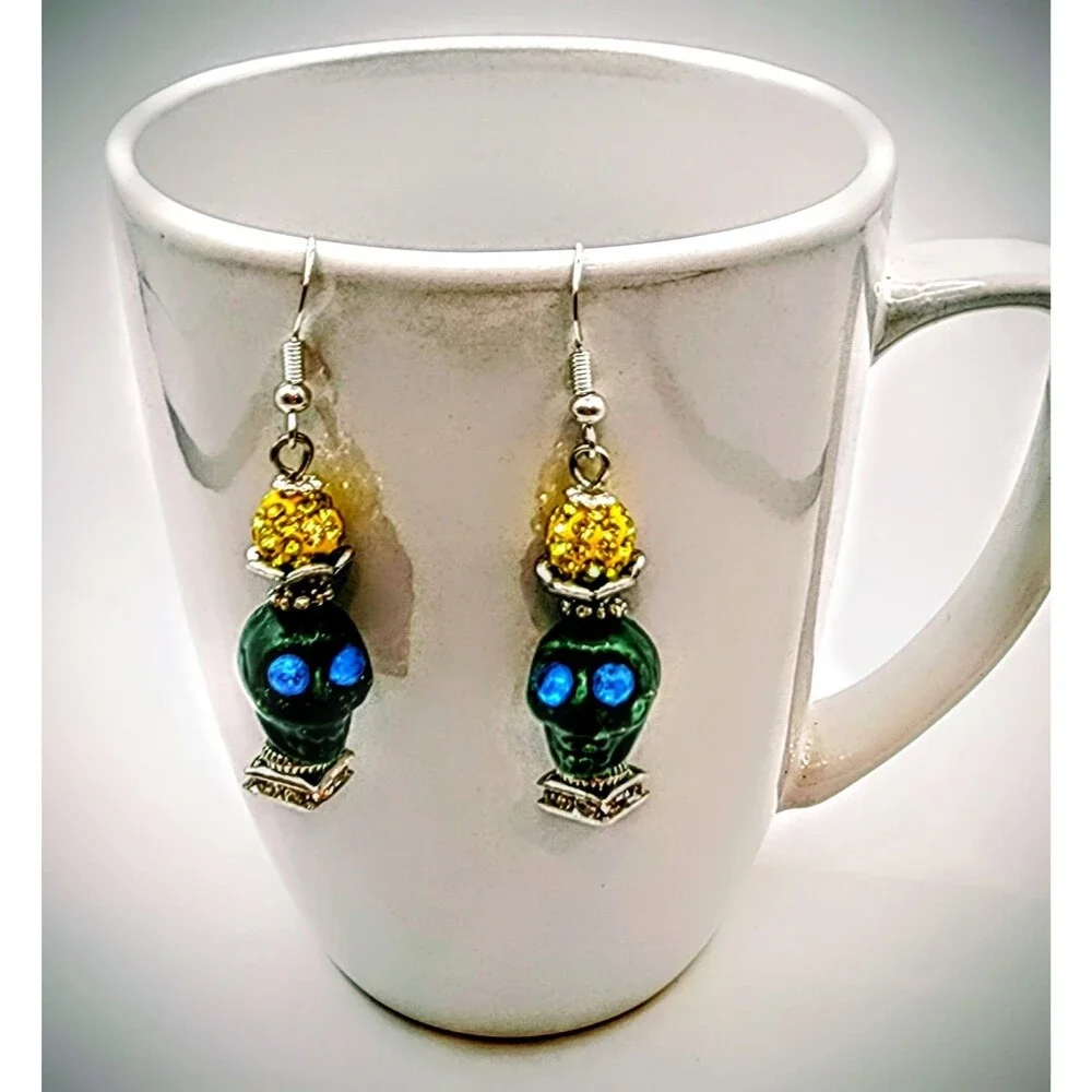 Dark green Skull Day of the Dead Dia de Muertos Dangle Earrings Halloween  Women